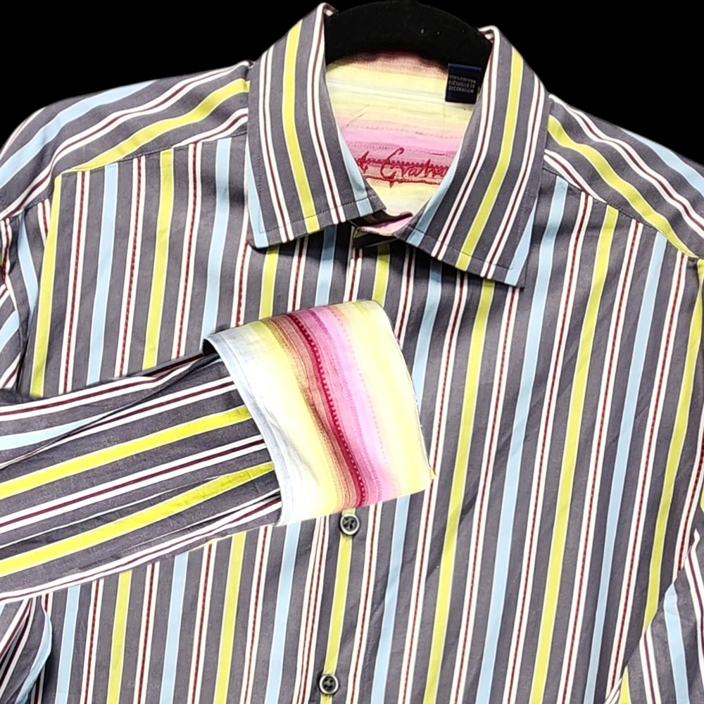 Robert‎ Graham Shirt Mens Large Striped Flip Cuff Button Up Cotton PLEASE READ